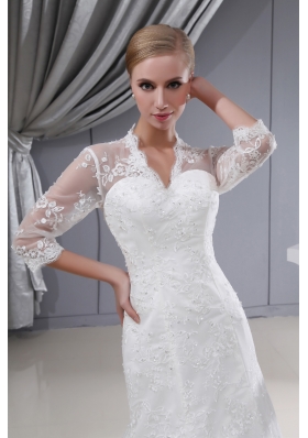 Lace V-neck Mermaid Court Train 3/4 Sleeves Wedding Dress