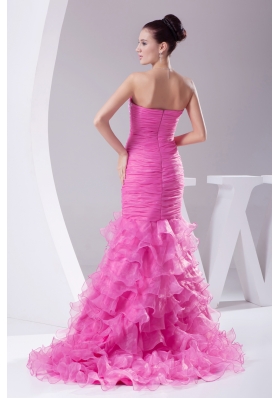 Mermaid Hot Pink Appliques Ruching Ruffled Layers Prom Dress