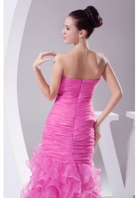 Mermaid Hot Pink Appliques Ruching Ruffled Layers Prom Dress