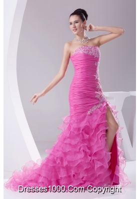 Mermaid Hot Pink Appliques Ruching Ruffled Layers Prom Dress