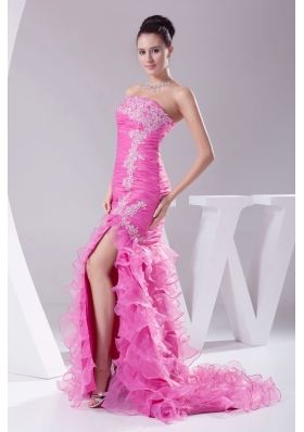 Mermaid Hot Pink Appliques Ruching Ruffled Layers Prom Dress