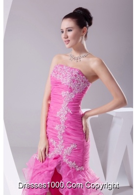 Mermaid Hot Pink Appliques Ruching Ruffled Layers Prom Dress