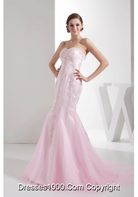 Mermaid Sweetheart Brush Train Appliques Baby pink Prom Dress