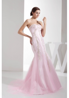 Mermaid Sweetheart Brush Train Appliques Baby pink Prom Dress