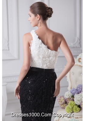 One Shoulder Brush Train Column Black and White Prom Dress