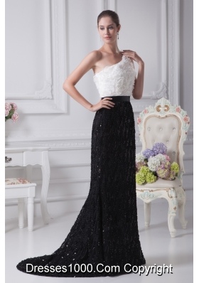 One Shoulder Brush Train Column Black and White Prom Dress