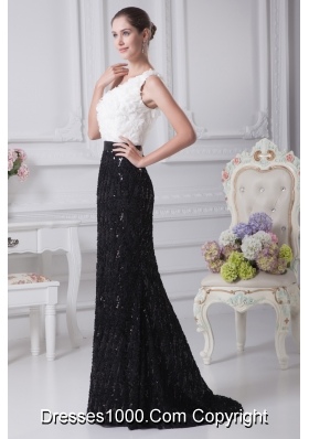 One Shoulder Brush Train Column Black and White Prom Dress