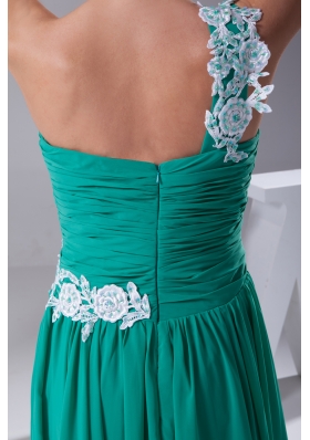 One Shoulder Green Appliques Empire Long Prom Dress