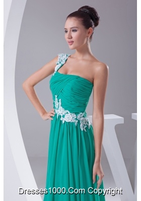 One Shoulder Green Appliques Empire Long Prom Dress