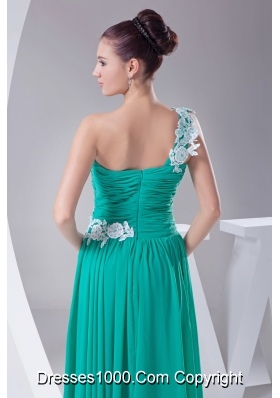 One Shoulder Green Appliques Empire Long Prom Dress