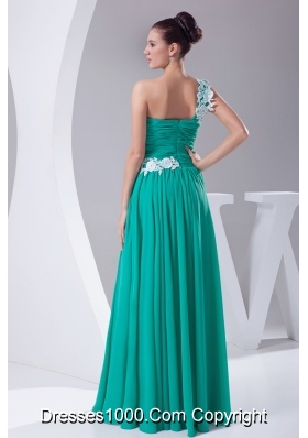 One Shoulder Green Appliques Empire Long Prom Dress