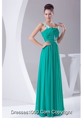 One Shoulder Green Appliques Empire Long Prom Dress