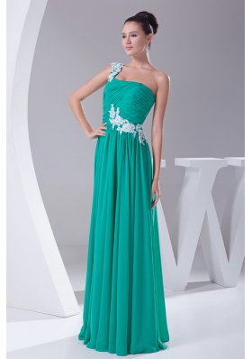 One Shoulder Green Appliques Empire Long Prom Dress