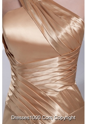 One Shoulder High Slit Brush Train Gold Prom Dress