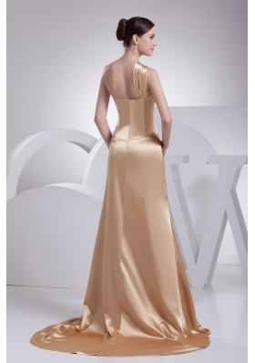 One Shoulder High Slit Brush Train Gold Prom Dress