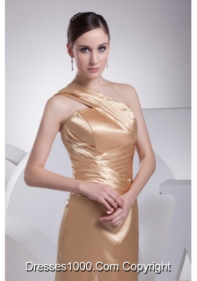 One Shoulder High Slit Brush Train Gold Prom Dress