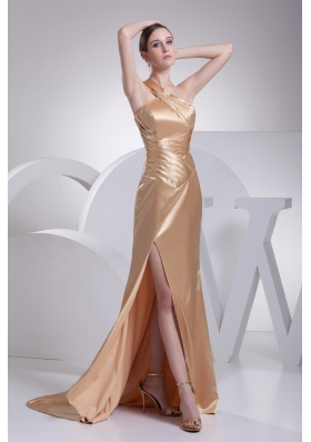 One Shoulder High Slit Brush Train Gold Prom Dress