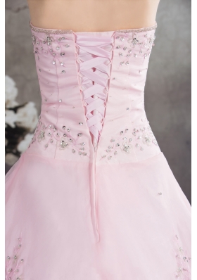 Pincess Sweetheart Baby Pink Organza Appliques Prom Dress