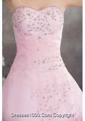 Pincess Sweetheart Baby Pink Organza Appliques Prom Dress