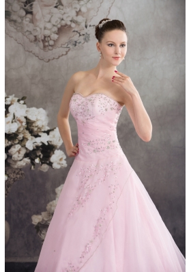 Pincess Sweetheart Baby Pink Organza Appliques Prom Dress