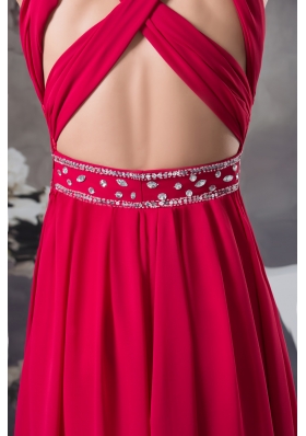 Red V-neck Empire long Criss Cross Beading 2013 Prom Dress