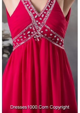 Red V-neck Empire long Criss Cross Beading 2013 Prom Dress