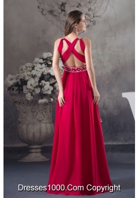 Red V-neck Empire long Criss Cross Beading 2013 Prom Dress