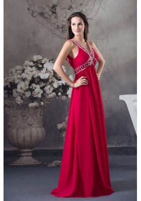 Red V-neck Empire long Criss Cross Beading 2013 Prom Dress