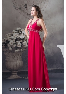 Red V-neck Empire long Criss Cross Beading 2013 Prom Dress