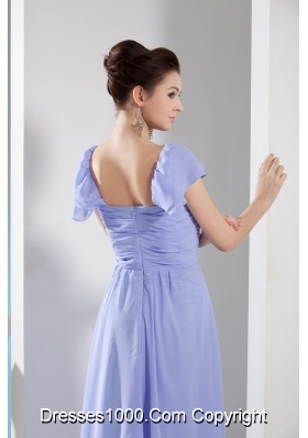 Ruching Empire Square long Prom Dress with Cap Sleeves