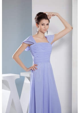 Ruching Empire Square long Prom Dress with Cap Sleeves