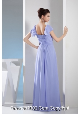 Ruching Empire Square long Prom Dress with Cap Sleeves