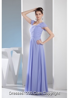 Ruching Empire Square long Prom Dress with Cap Sleeves