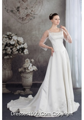 Scoop Long Sleeves Embroidery satin Wedding Dress