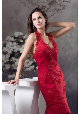 Sexy Appliques Red Halter Column long Prom Dress for 2013