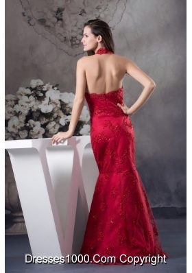 Sexy Appliques Red Halter Column long Prom Dress for 2013