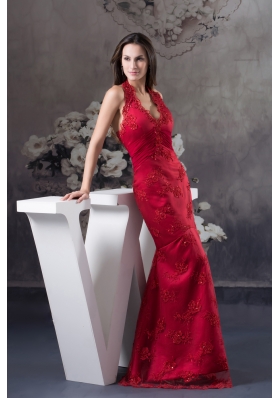 Sexy Appliques Red Halter Column long Prom Dress for 2013