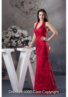 Sexy Appliques Red Halter Column long Prom Dress for 2013