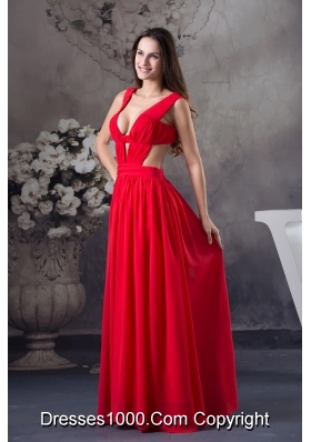 Sexy Column long Ruching Straps Prom Dress in Red