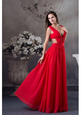 Sexy Column long Ruching Straps Prom Dress in Red