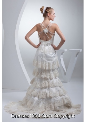 Spaghetti Straps Bow A-line Ruffled Layers Wedding Dress