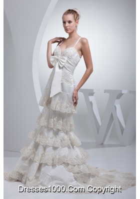 Spaghetti Straps Bow A-line Ruffled Layers Wedding Dress