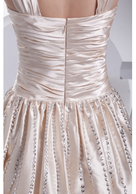 Straps Beading Satin Champagne Prom Dress