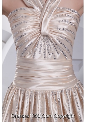 Straps Beading Satin Champagne Prom Dress