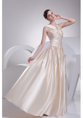 Straps Beading Satin Champagne Prom Dress