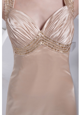 Straps Champagne Beading Column Brush Train  Prom Dress