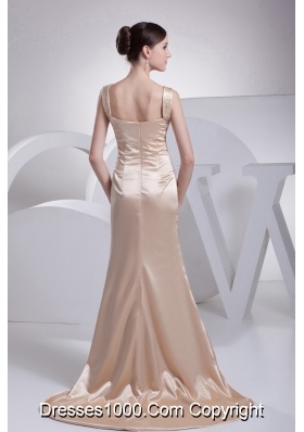 Straps Champagne Beading Column Brush Train  Prom Dress