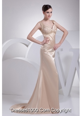 Straps Champagne Beading Column Brush Train  Prom Dress