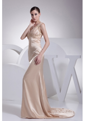 Straps Champagne Beading Column Brush Train  Prom Dress