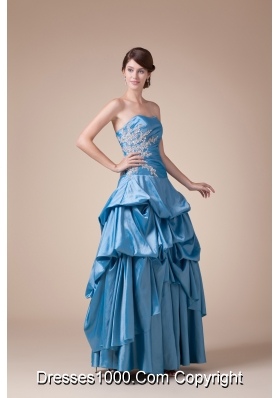 Teal Beading Pick-ups Long Strapless A-line Prom dress